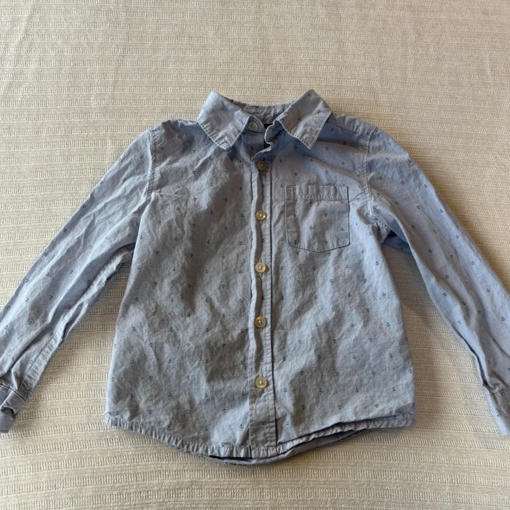 OshKosh Bgosh Toddler Boys Light Blue Anchor Print Button Down Shirt 4T 4A